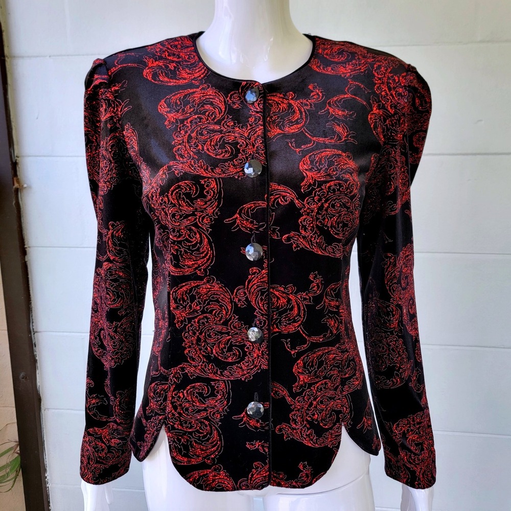 Vintage 90s R&K Evening Jacket Black Red Glitter Scroll Women 6 Gothic Holiday